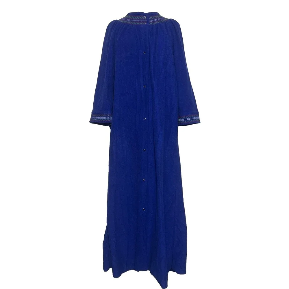 Vintage 70/80's Retro Blue House Dress Robe Lounger Boho Folk  Granny Front Snap